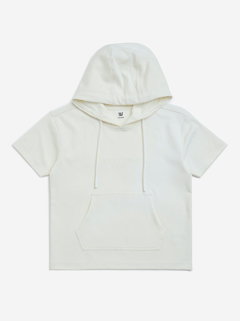 Y&F Kids Off-White Text Design Cotton-Blend Hoodie