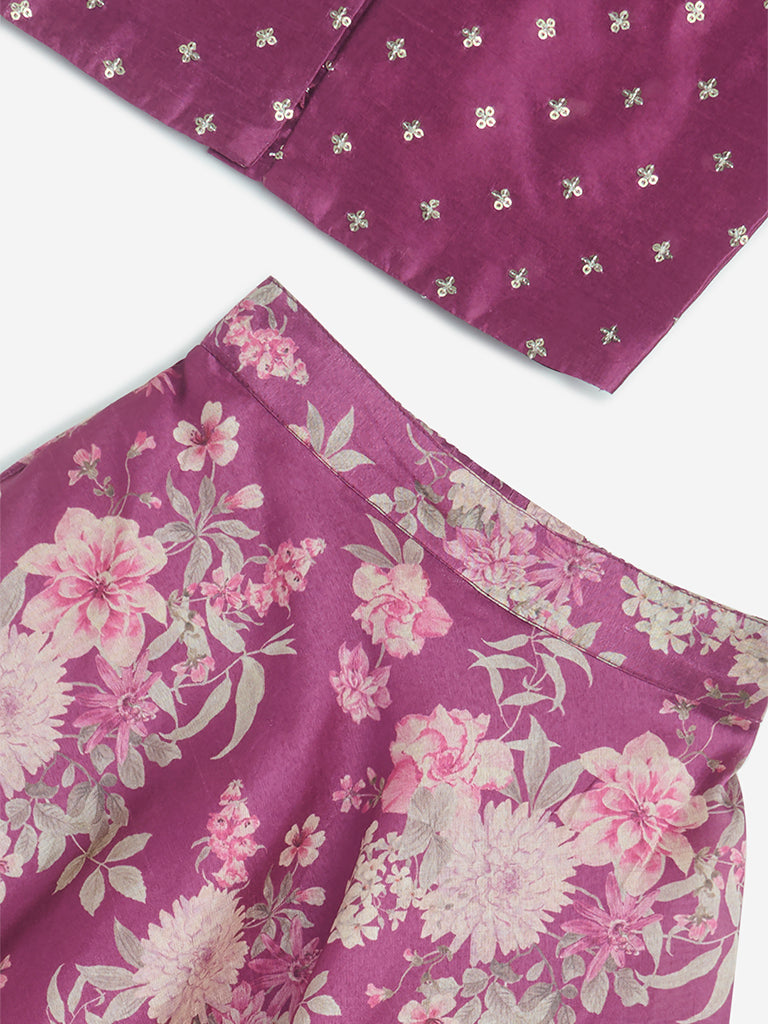 Westside Utsa Kids Girls' Wine Floral Embellished Choli and Ghagra Set - (2-8yrs) for Ethnic Wear Zoom View