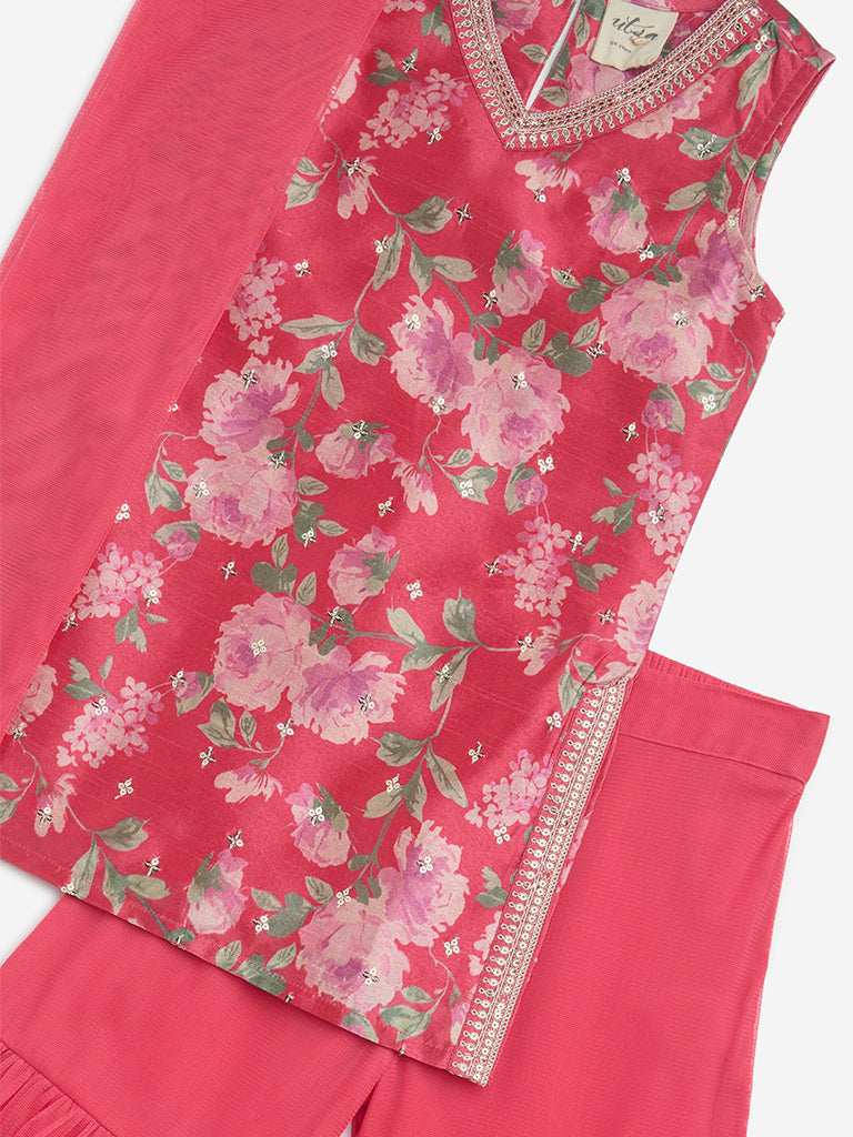 Westside Utsa Kids Girls' Pink Straight Kurta, Sharara and Dupatta Set - (2-8yrs) for Ethnic Wear Zoom View