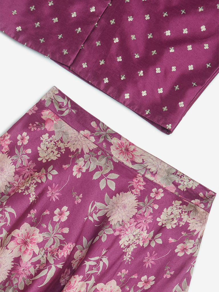 Westside Utsa Kids Girls' Wine Floral Embellished Choli and Ghagra Set - (8-14yrs) for Ethnic Wear Zoom View