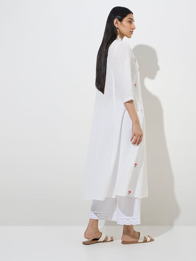 Westside Utsa Women's White Floral Embroidered A-Line Cotton Kurta for Work Wear Back View