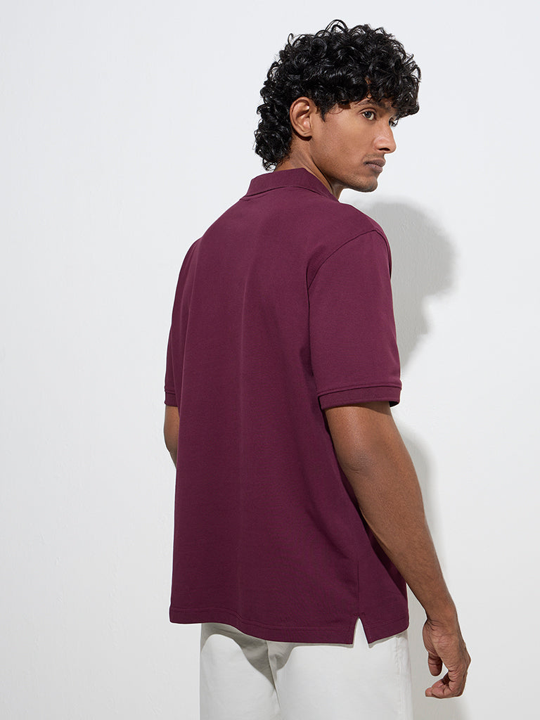 Westside WES Casuals Men's Wine Relaxed-Fit Cotton-Blend Polo T-Shirt for Casual Wear Back View