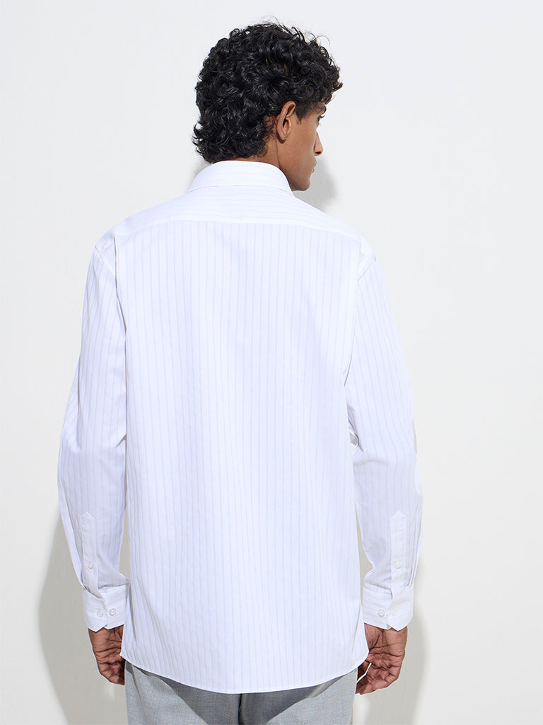 westisde WES Formals Men's White Pinstriped Relaxed-Fit Cotton Shirt for Work Wear Back View