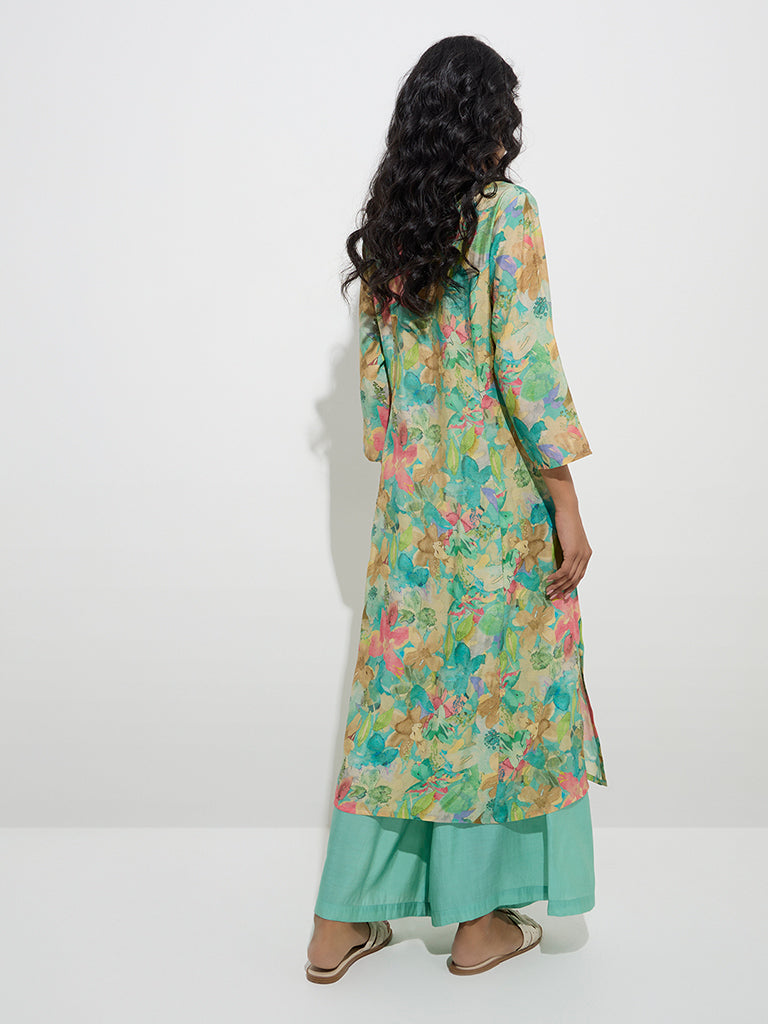 Westside Utsa Women's Aqua Floral Printed A-Line Kurta for Work Wear Back View