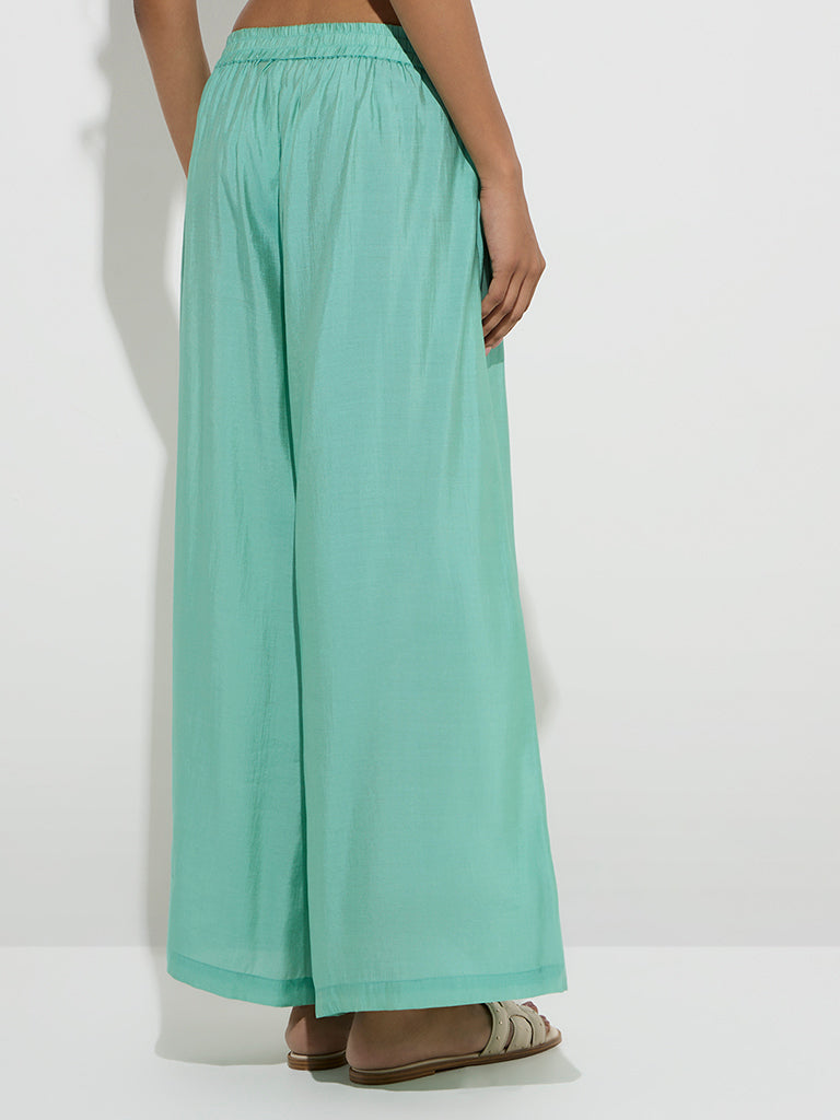 Westside Utsa Women's Aqua Solid Palazzos for Everyday Back View