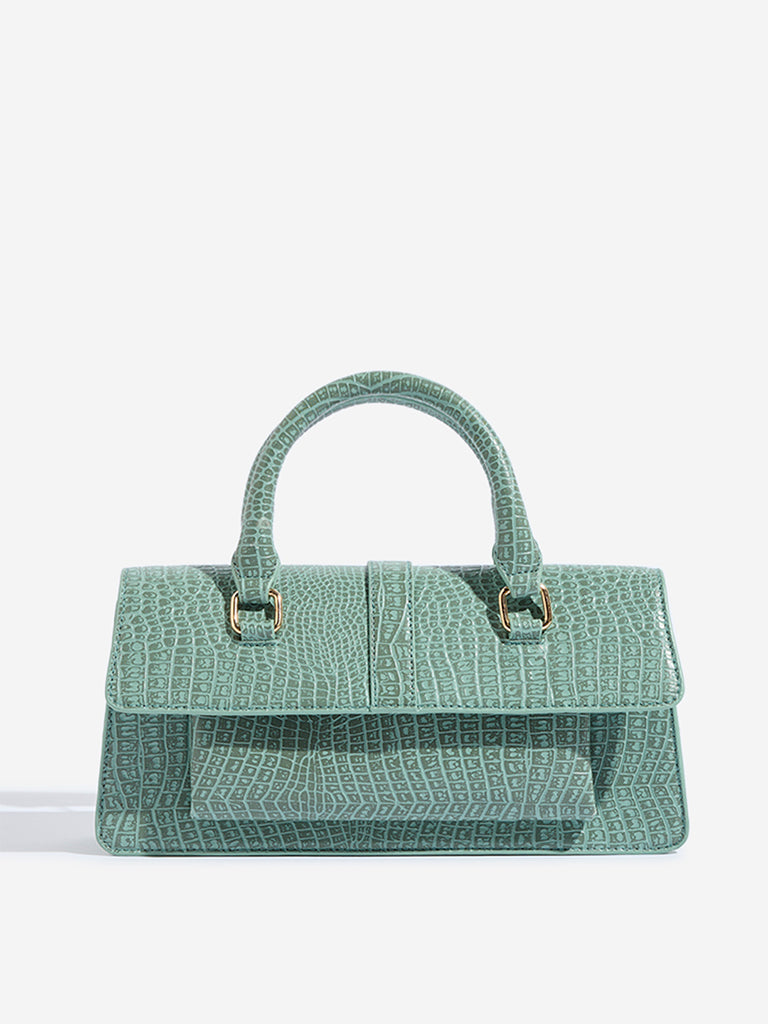Westside Green Textured Elongated Handbag with Belt
