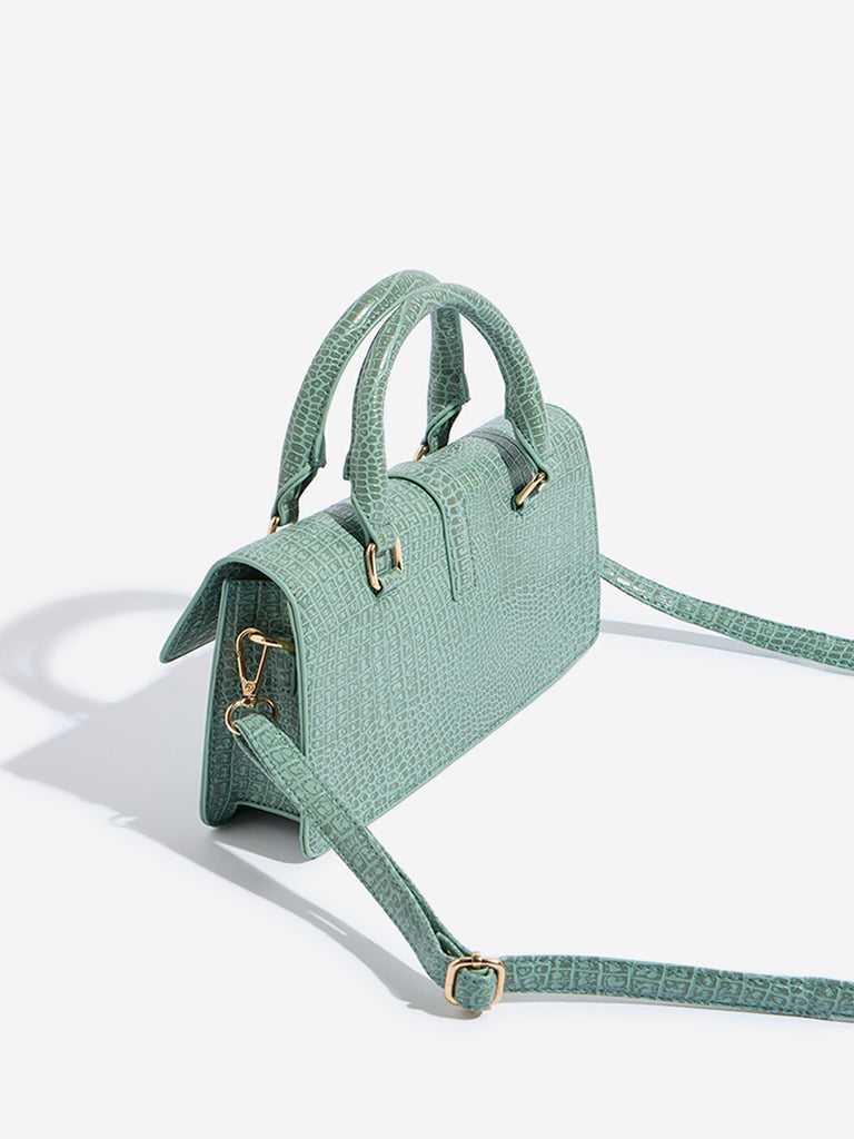 Westside Green Textured Elongated Handbag with Belt