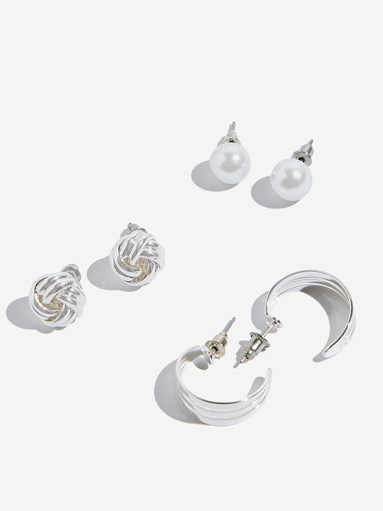 Westside Accessories Silver Pearl Stud and Hoop Earrings - Pack of 3