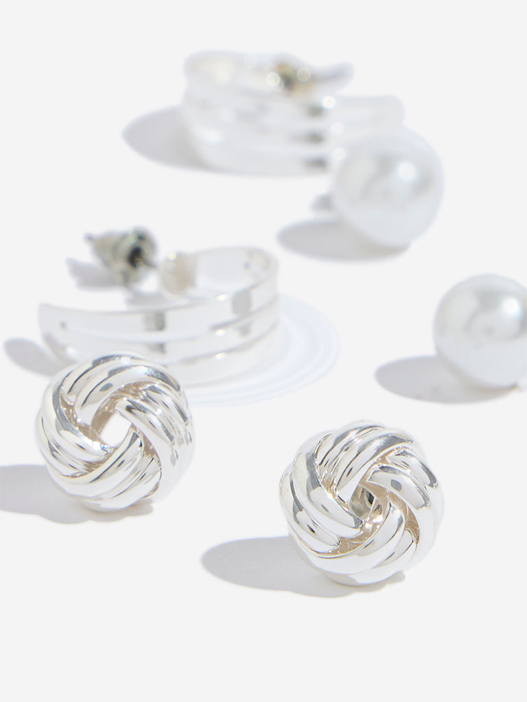 Westside Accessories Silver Pearl Stud and Hoop Earrings - Pack of 3
