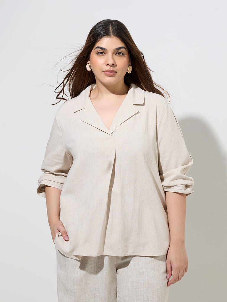 Westside Gia Women's Beige Solid Blouse for Casual Wear Front View