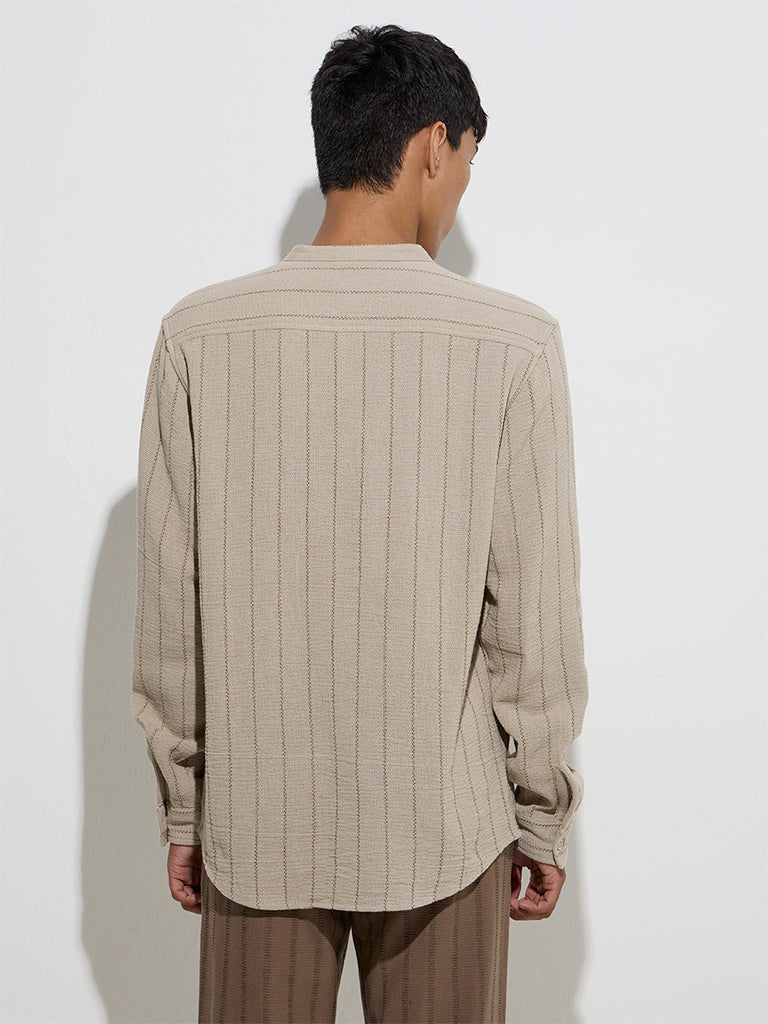 Westside ETA Men's Dark Beige Striped Relaxed-Fit Cotton Shirt for Casual Wear Back View