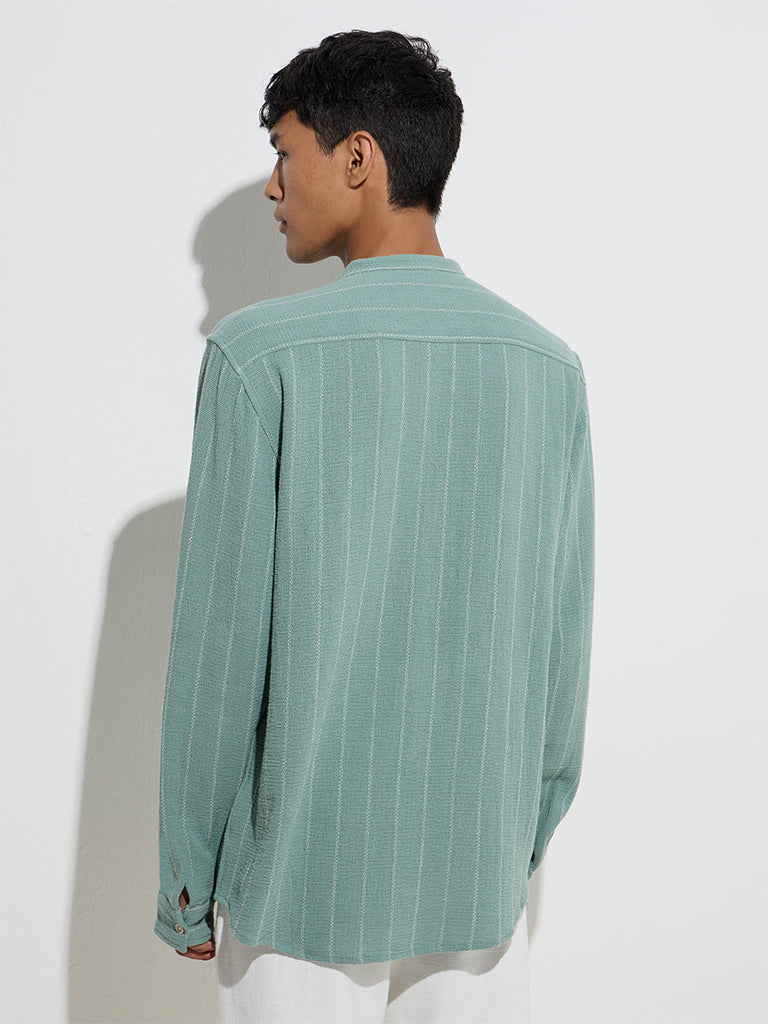 Westside ETA Men's Sage Striped Relaxed-Fit Cotton Shirt for Casual Wear Back View
