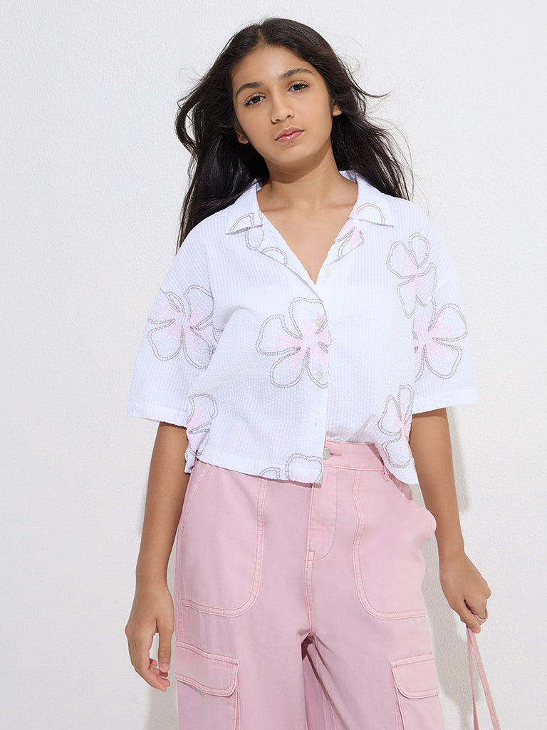 Westside Y&F Girls' Kids White Floral Embroidered Cotton-Blend Shirt for Casual Wear Model Front View