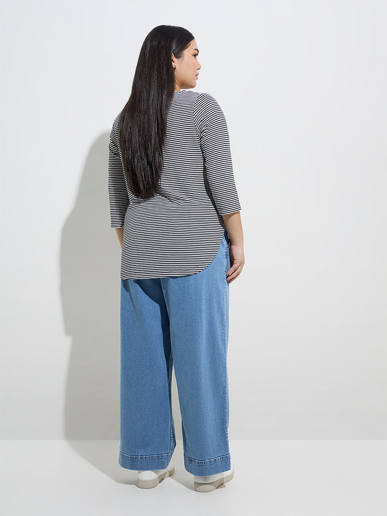 Westside Gia Women's Blue Wide-Leg High-Rise Jeans with Belt for Casual Wear Back View