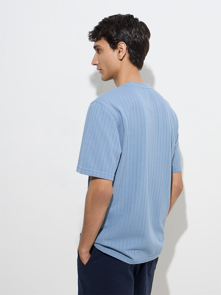 Westside WES Lounge Men's Dusty Blue Relaxed-Fit Cotton-Blend T-Shirt for Casual Wear Back View