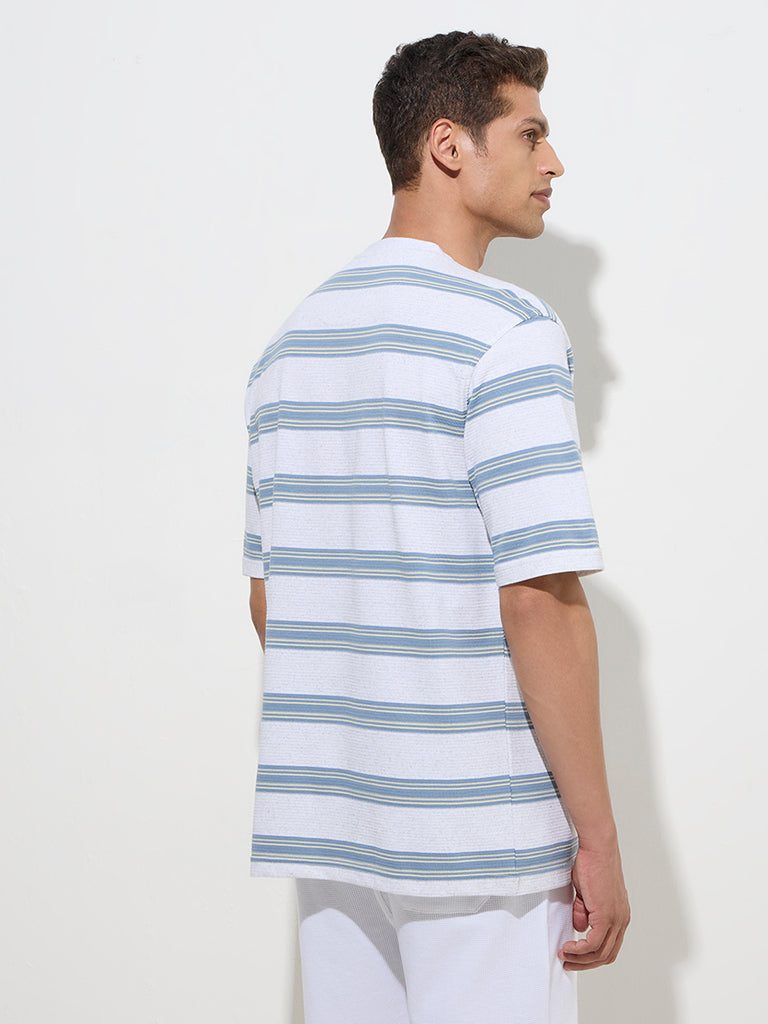 Westside WES Lounge Men's Grey Striped Relaxed-Fit Cotton-Blend T-Shirt for Casual Wear Back View