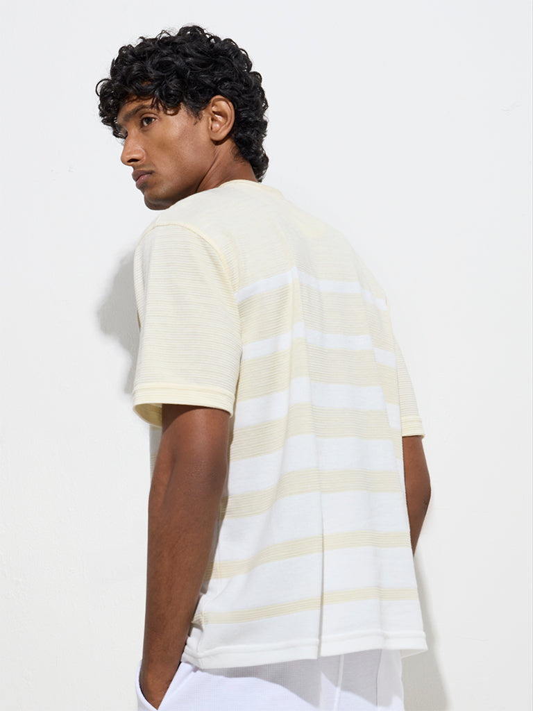 Westside WES Lounge Men's Yellow Striped Relaxed-Fit Cotton-Blend T-Shirt for Casual Wear Back View