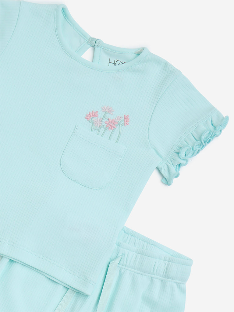 westisde HOP Baby Girls' Turquoise Floral Design Cotton Top and Shorts Set for Casual Wear Zoom View