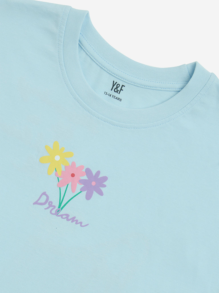 Westside Y&F Girls' Kids Blue Floral Pattern Cotton Top for Casual Wear Zoom View