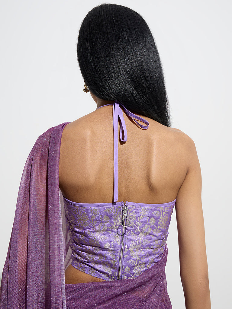 Westside Vark Women's Lavender Brocade Corset-Style Ethnic Blouse for Festive Wear Back View