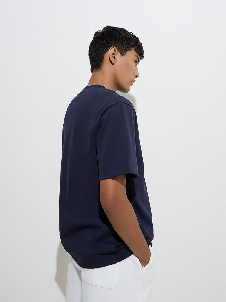 Westside Studiofit Men's Navy Embroidered Relaxed-Fit Cotton-Blend T-Shirt for Sports Wear Back View