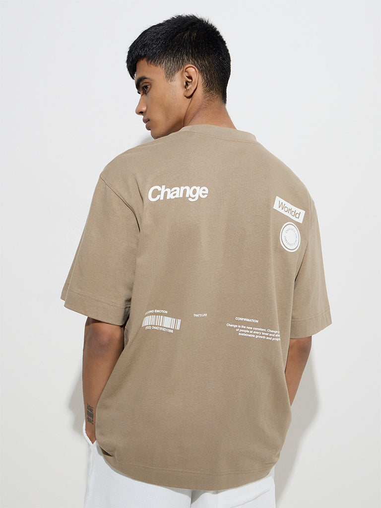 Westside Studiofit Men's Taupe Text Design Relaxed-Fit Cotton T-Shirt for Sports Wear Back View