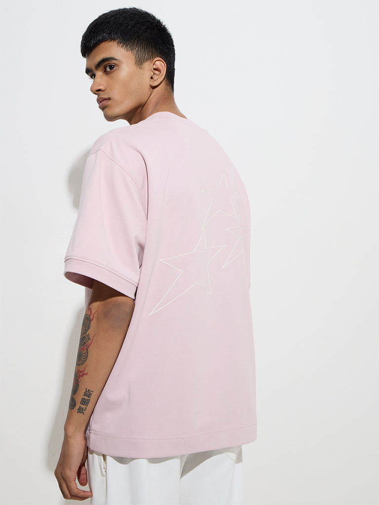 Westside Studiofit Men's Pink Typographic Relaxed-Fit Cotton-Blend T-Shirt for Sports Wear Back View