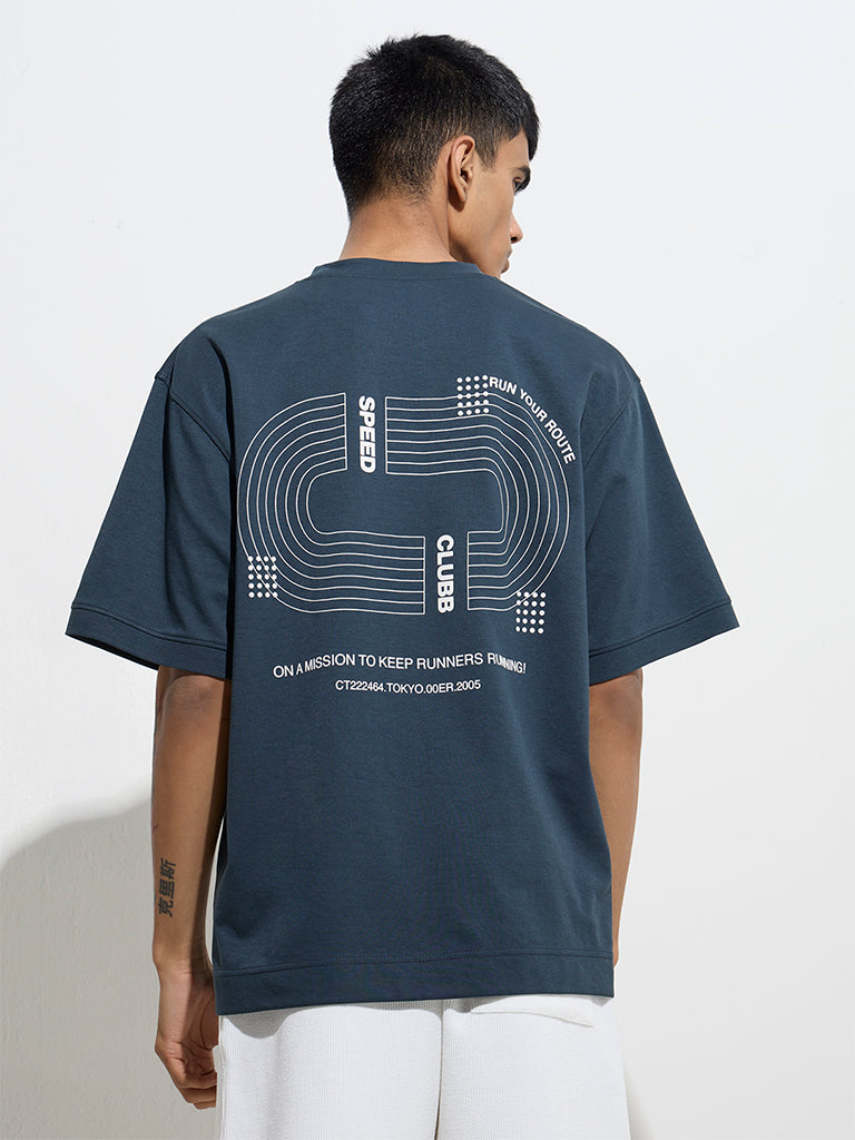 Westside Studiofit Men's Dark Teal Relaxed-Fit Cotton-Blend T-Shirt for Sports Wear Back View