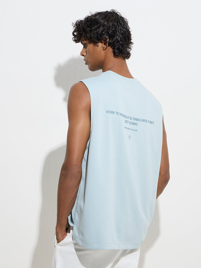 Westside Studiofit Men's Light Blue Relaxed-Fit Cotton-Blend T-Shirt for Sports Wear Back View