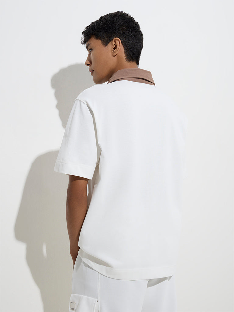 Westside Studiofit Men's Off-White Relaxed-Fit Cotton-Blend Polo T-Shirt for Sports Wear Back View