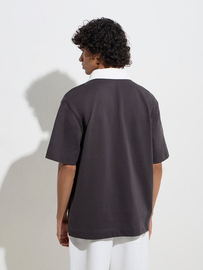 Westside Studiofit Men's Charcoal Relaxed-Fit Cotton-Blend Polo T-Shirt for Sports Wear Back View