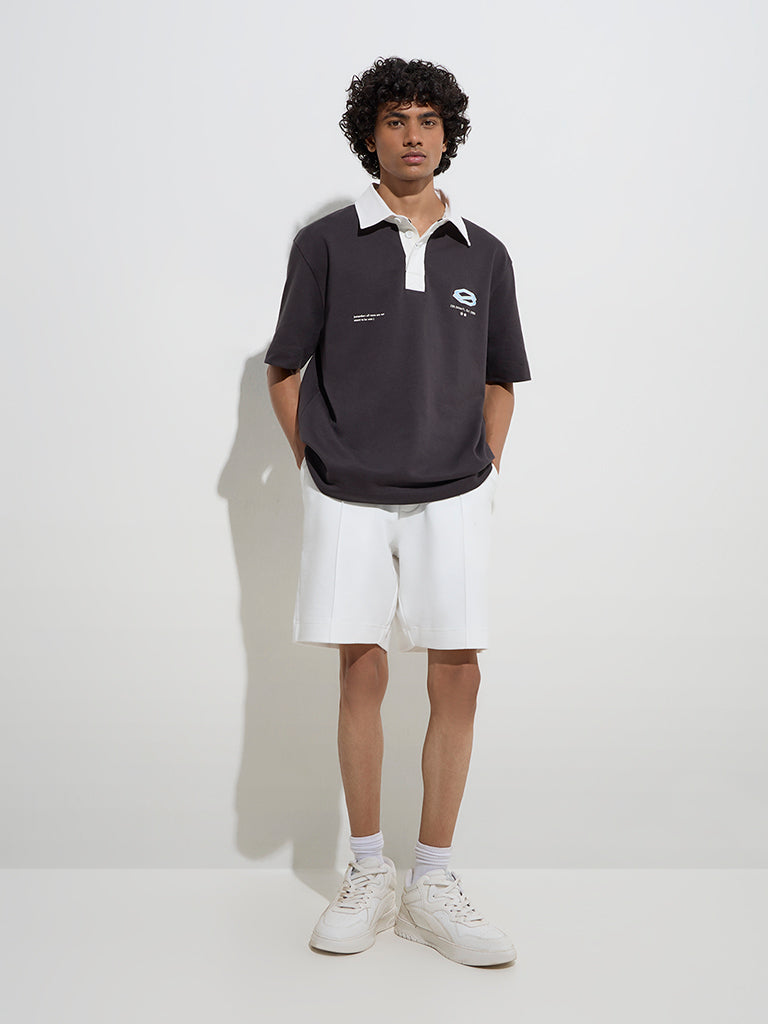 Westside Studiofit Men's White Relaxed-Fit Mid-Rise Cotton-Blend Shorts for Sports Wear Full Model View