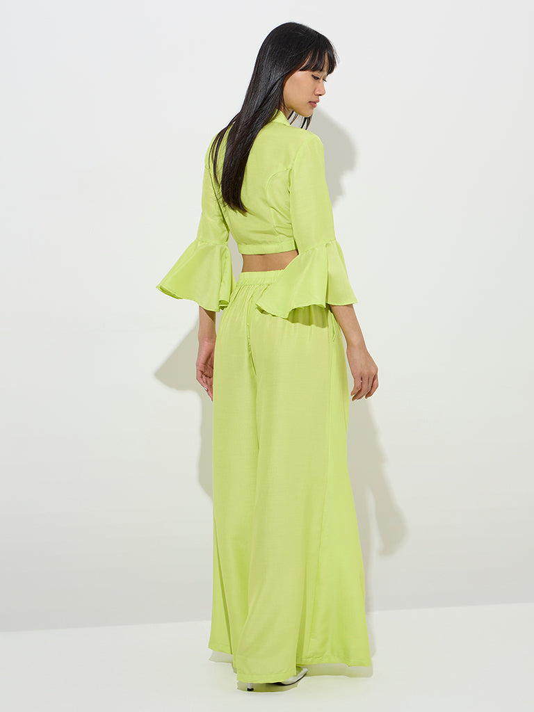 Westside Vark Women's Lime Overlap-Detailed Palazzos for Festive Wear Zoomed View