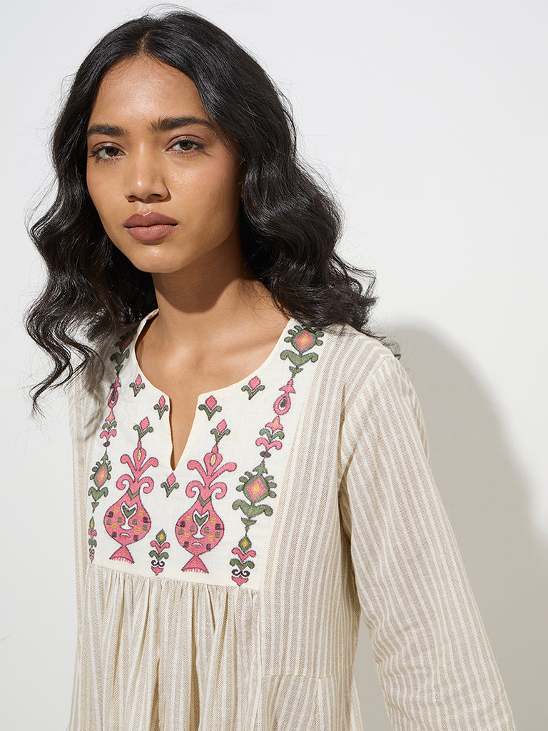 Utsa Off-White Ikat Patterned Cotton A-Line Kurta