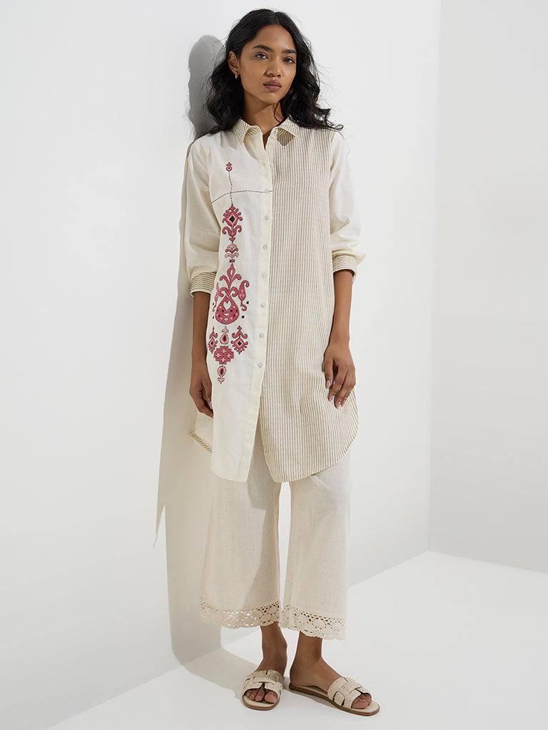 Utsa Off-White Striped Cotton-Blend Straight Kurta