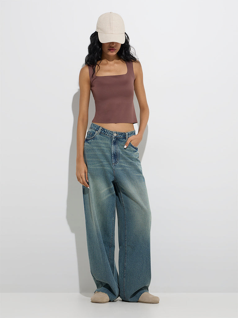 Westside Superstar Women's Brown Ribbed-Textured Padded Tank Top for Casual Wear Full Model View