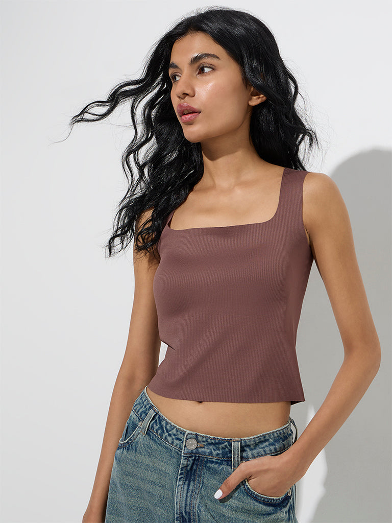 Westside Superstar Women's Brown Ribbed-Textured Padded Tank Top for Casual Wear Front View