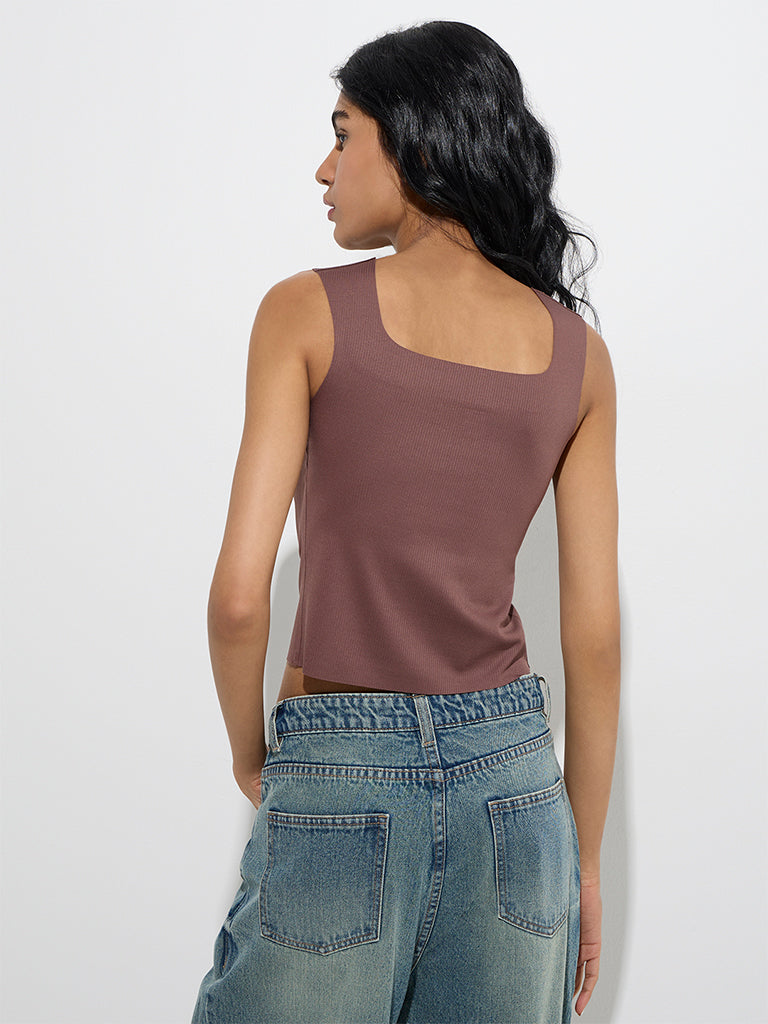 Westside Superstar Women's Brown Ribbed-Textured Padded Tank Top for Casual Wear Back View