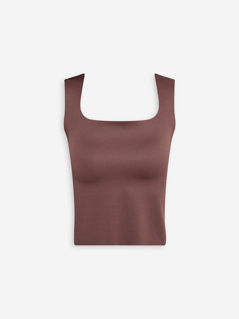 Westside Superstar Women's Brown Ribbed-Textured Padded Tank Top for Casual Wear Flatly View