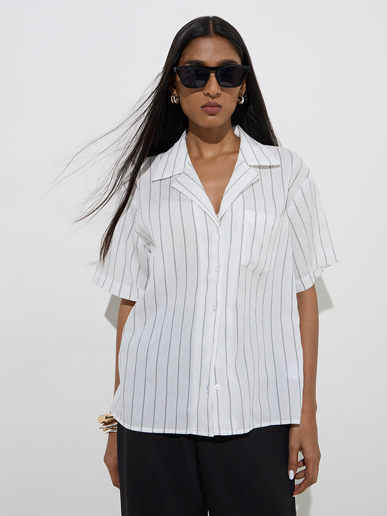 Westside Wardrobe Women's Ivory Stripe Printed Shirt for Work Wear Front View