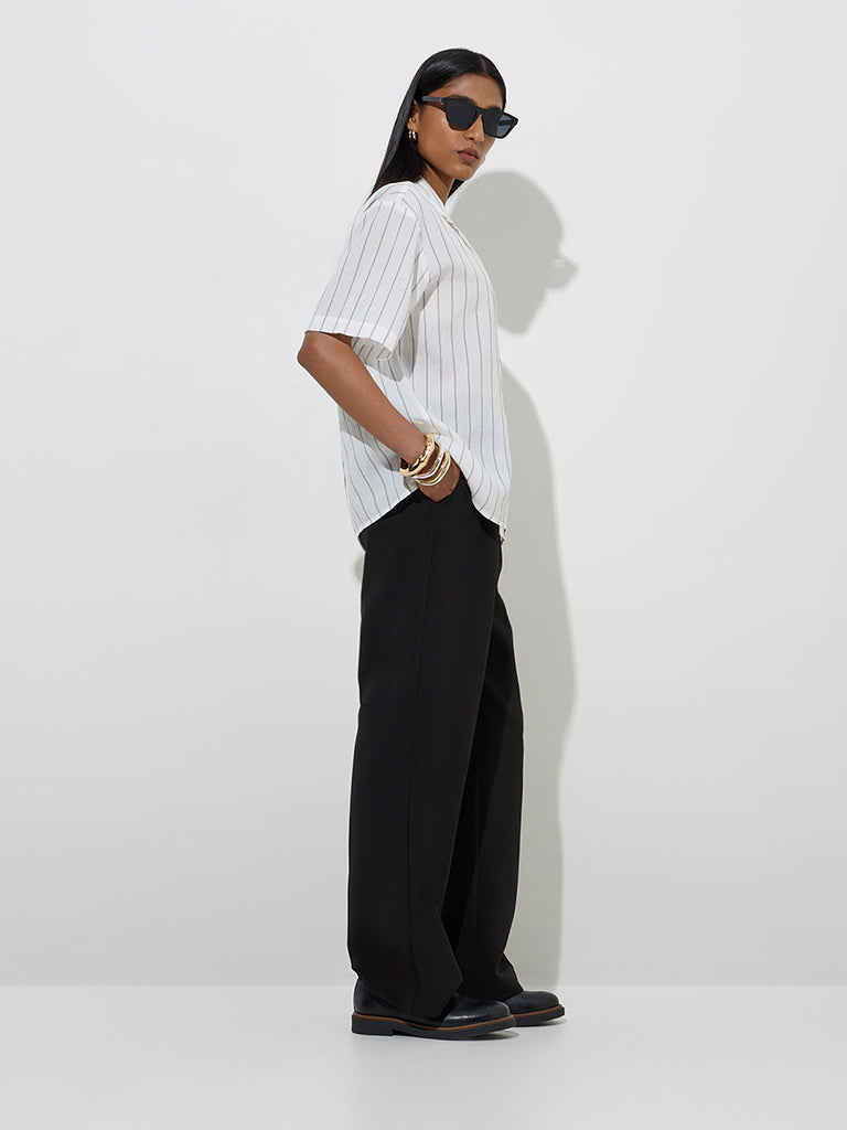 Westside Wardrobe Women's Ivory Stripe Printed Shirt for Work Wear Full Model View