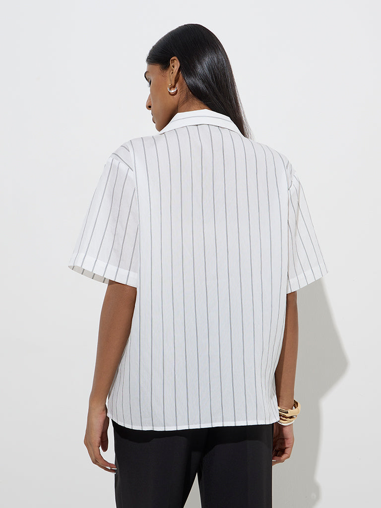 Westside Wardrobe Women's Ivory Stripe Printed Shirt for Work Wear Back View