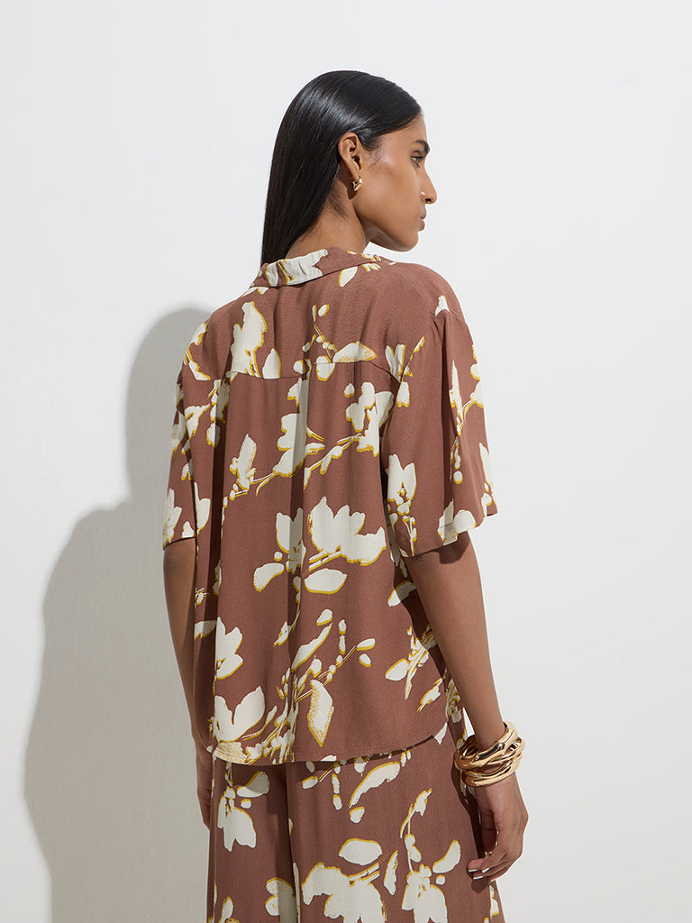 Westside Wardrobe Women's Brown Floral Printed Shirt for Work Wear Back View
