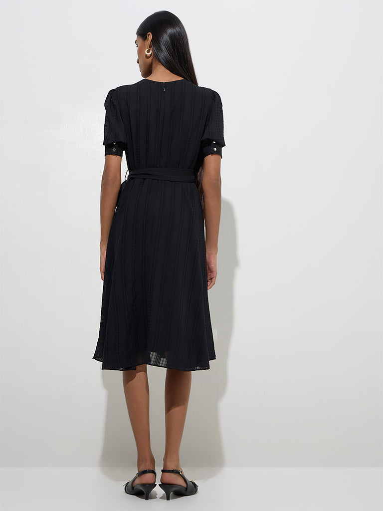 Westside Wardrobe Women's Black Seersucker Stripe Wrap-Style Dress with Belt for Work Wear Back View