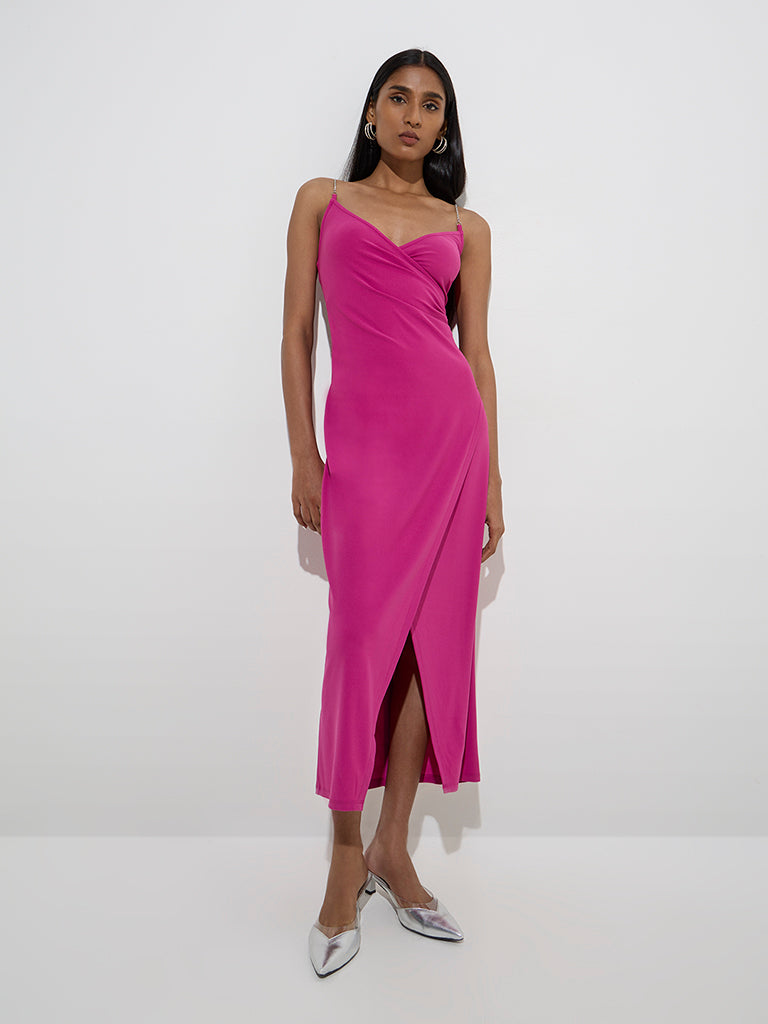 Westside Wardrobe Women's Magenta Slit-Detailed Straight Dress for Work Wear Full Model View