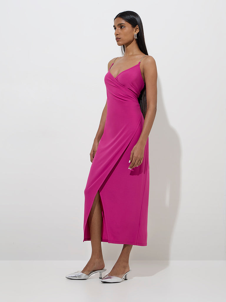 Westside Wardrobe Women's Magenta Slit-Detailed Straight Dress for Work Wear Front View