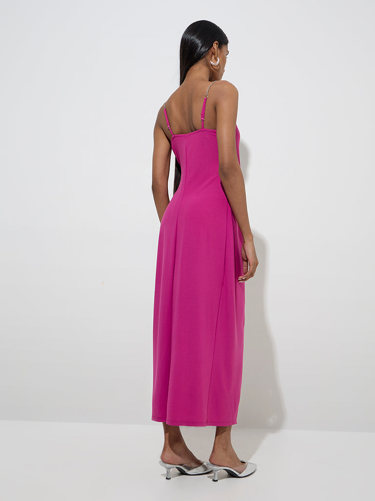 Westside Wardrobe Women's Magenta Slit-Detailed Straight Dress for Work Wear Back View