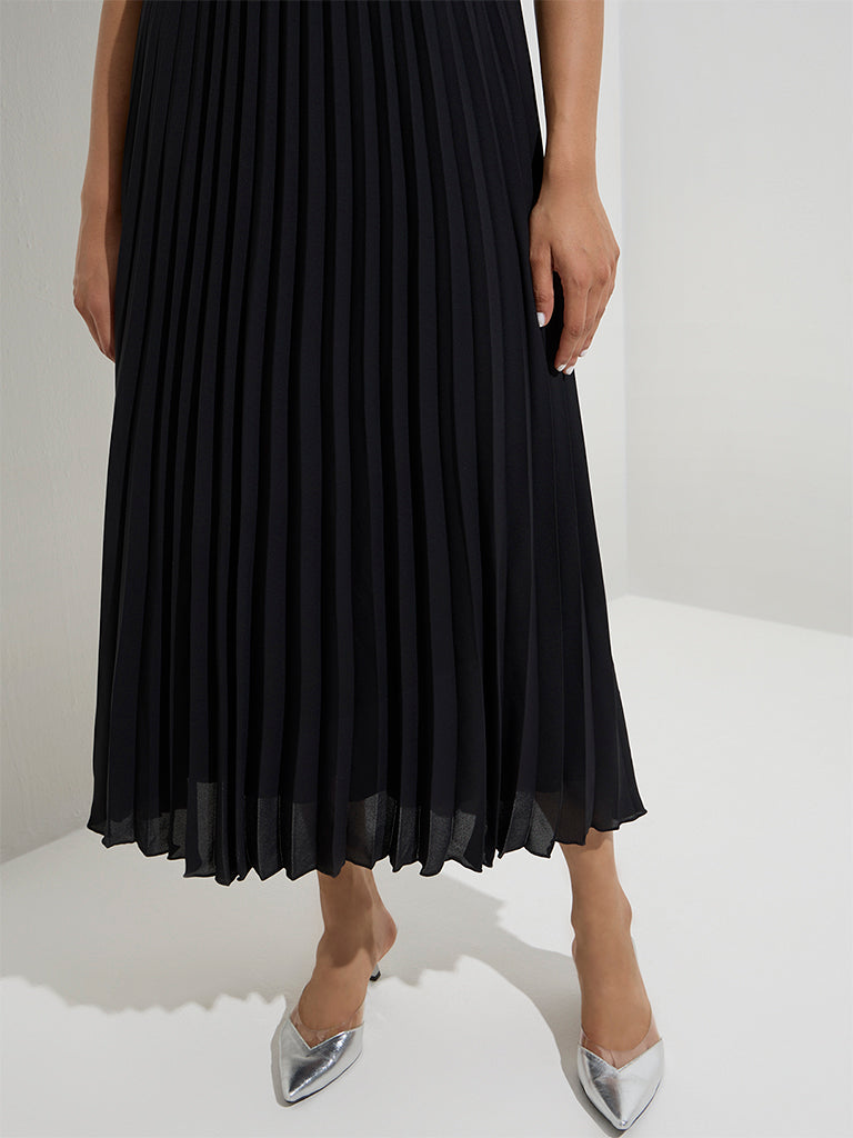 Westside Wardrobe Women's Black Accordion Pleated A-Line Dress for Work Wear Zoom View