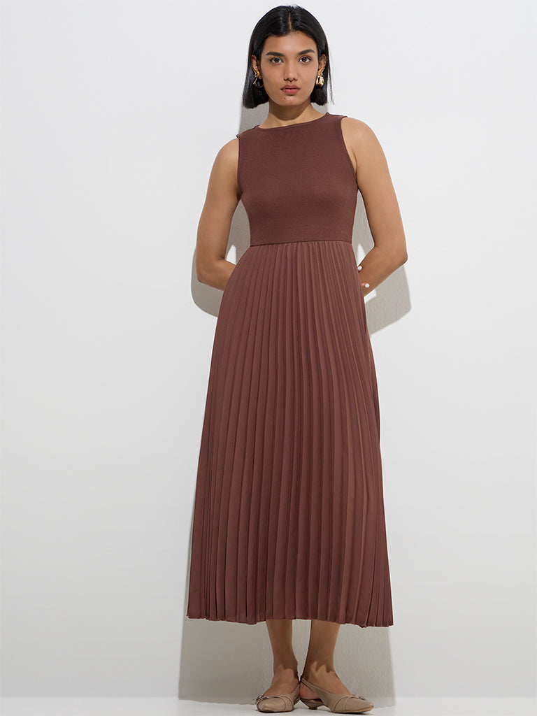 Wardrobe Brown Accordion Pleated A-Line Dress