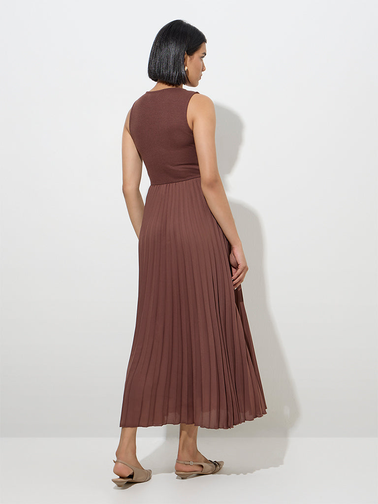 Westside Wardrobe Women's Brown Accordion Pleated A-Line Dress for Work Wear Back View
